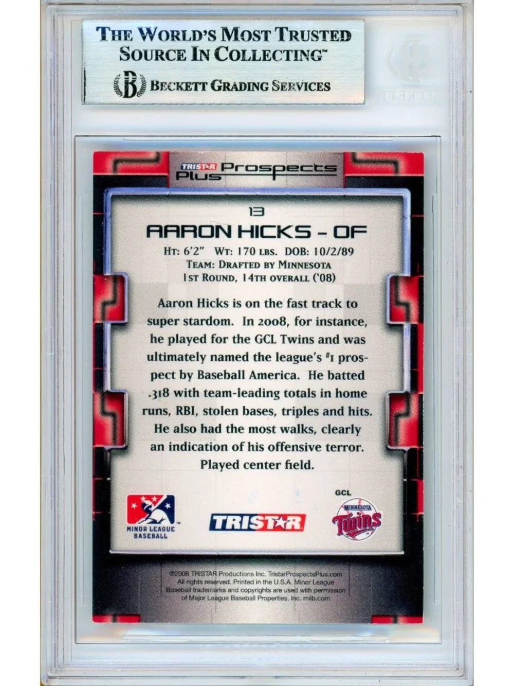 Aaron Hicks Signed 2008 Tristar Prospects Plus #13 Slabbed Card